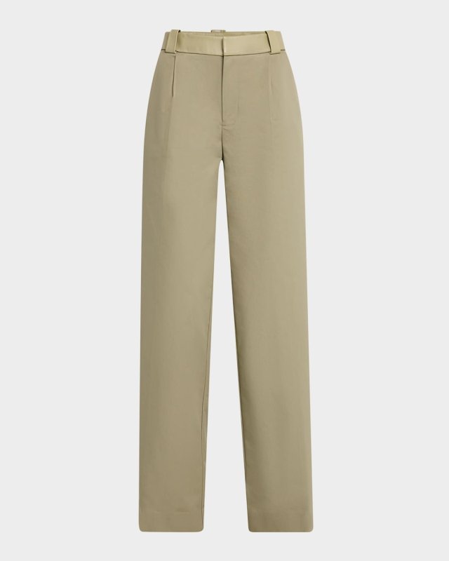 Leather-Waist Pleated Cotton Straight-Leg Trousers